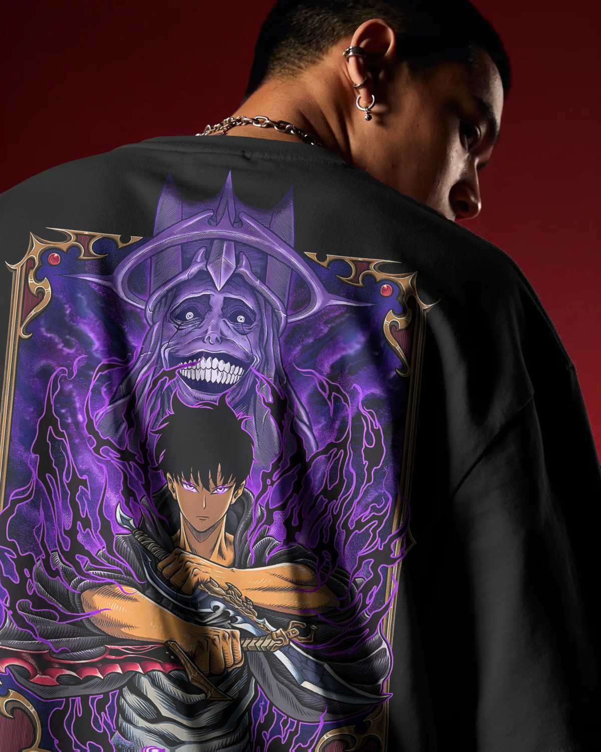 Sung Jinwoo Solo Leveling Premium Oversized T-Shirt – System Design – mockup lifestyle solo leveling small 2 BACK closeup