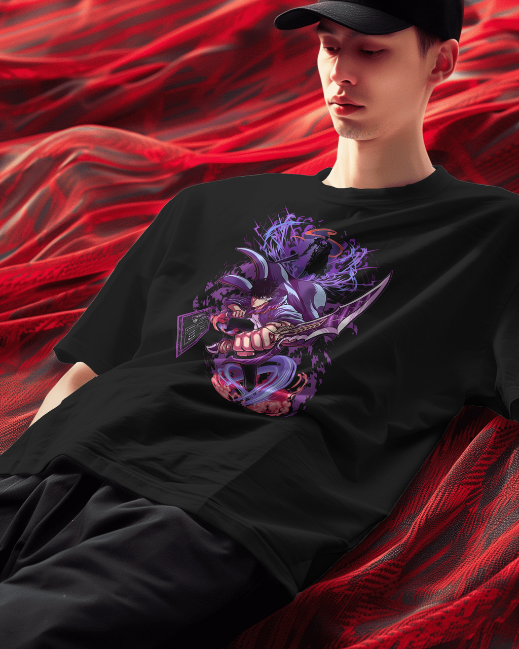 Sung Jinwoo Solo Leveling Premium Oversized T-Shirt – System Design – mockup lifestyle solo leveling small 2 FRONT