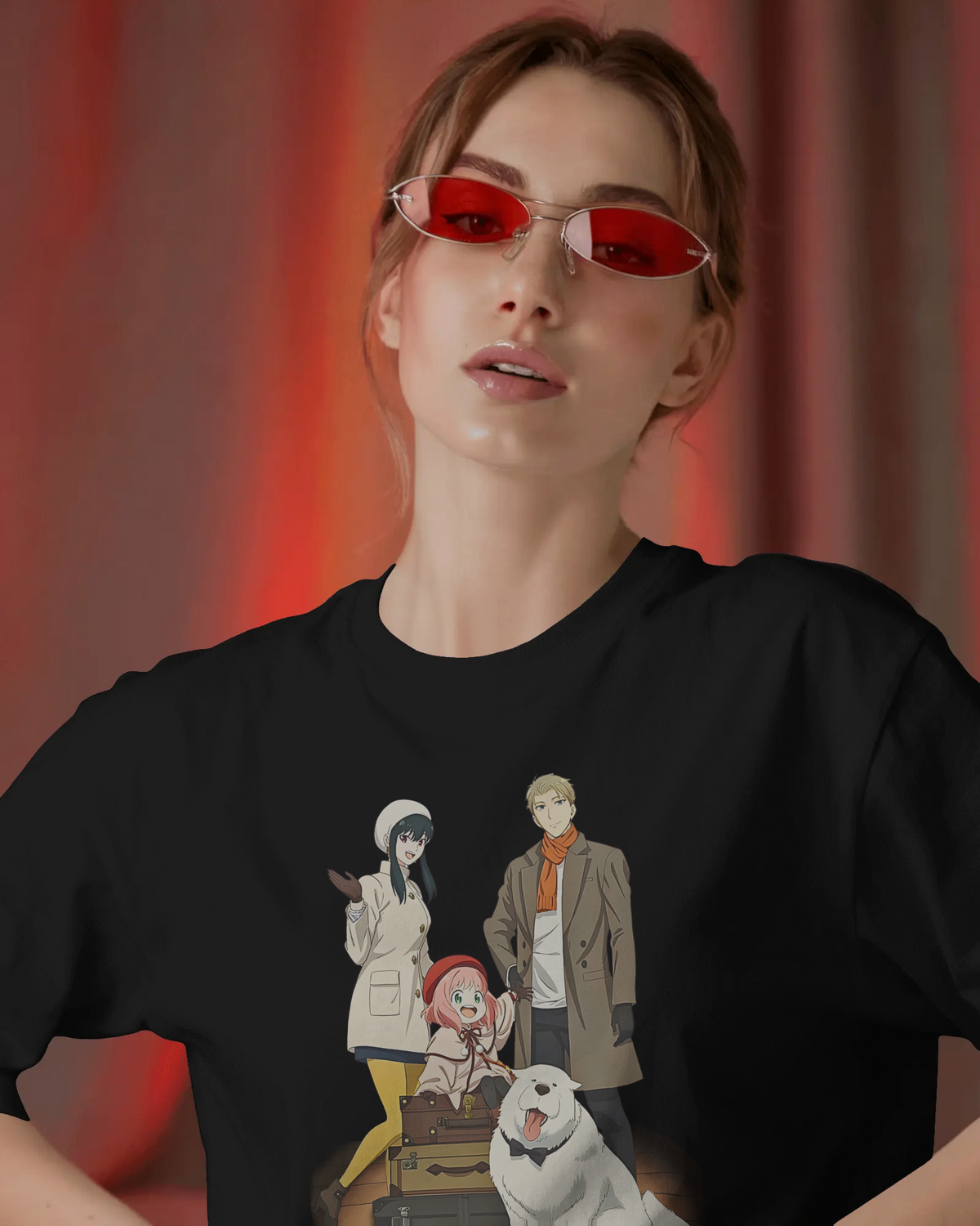 SPY x FAMILY Premium Oversized T-Shirt – Anya & Bond – mockup lifestyle spy family plane FRONT closeup