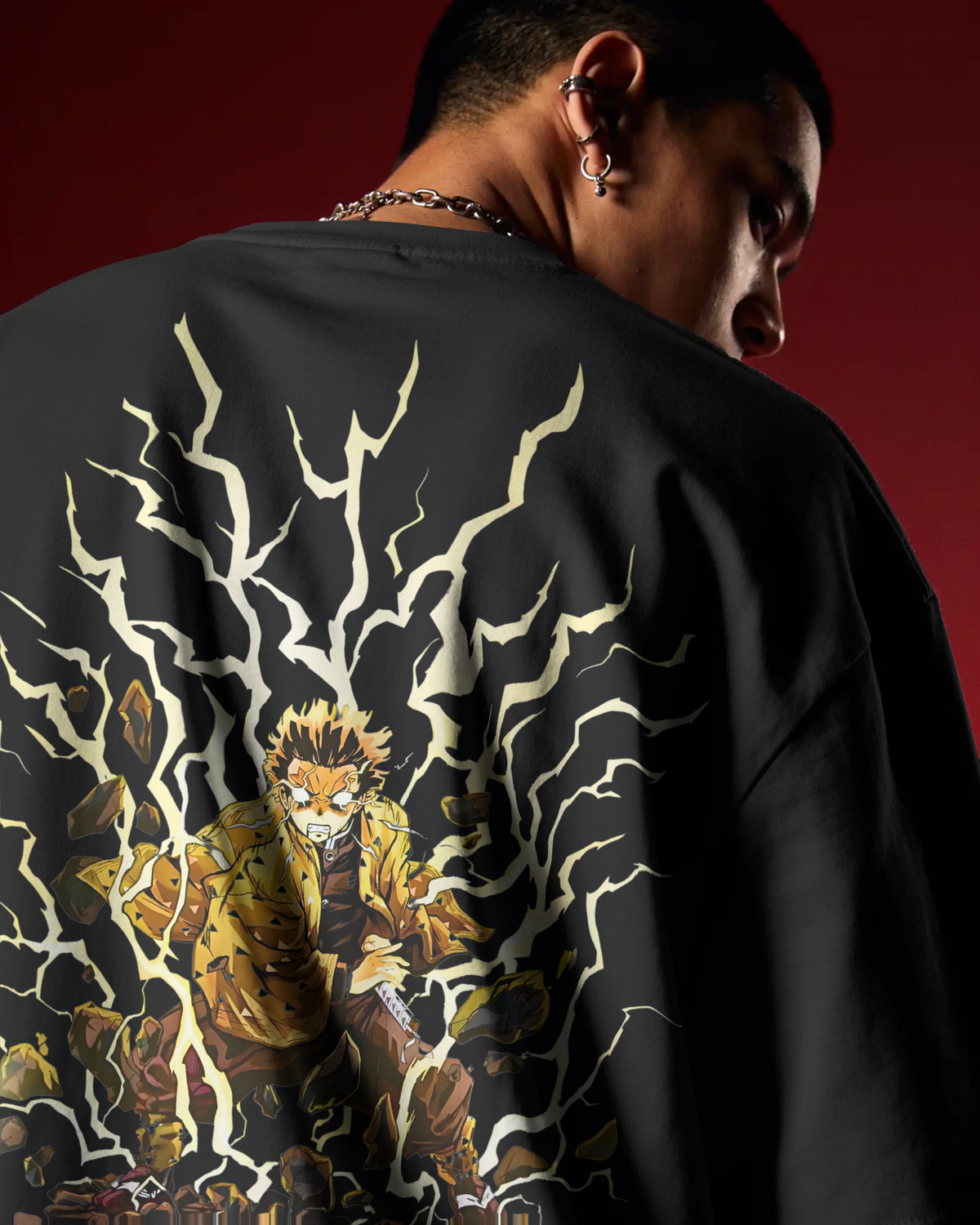 Zenitsu Agatsuma Demon Slayer Premium Oversized T-Shirt – mockup lifestyle zenitsu BACK closeup