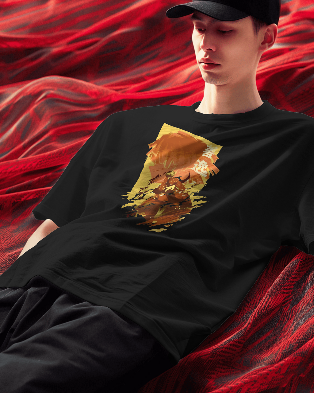 Zenitsu Agatsuma Demon Slayer Premium Oversized T-Shirt – mockup lifestyle zenitsu FRONT