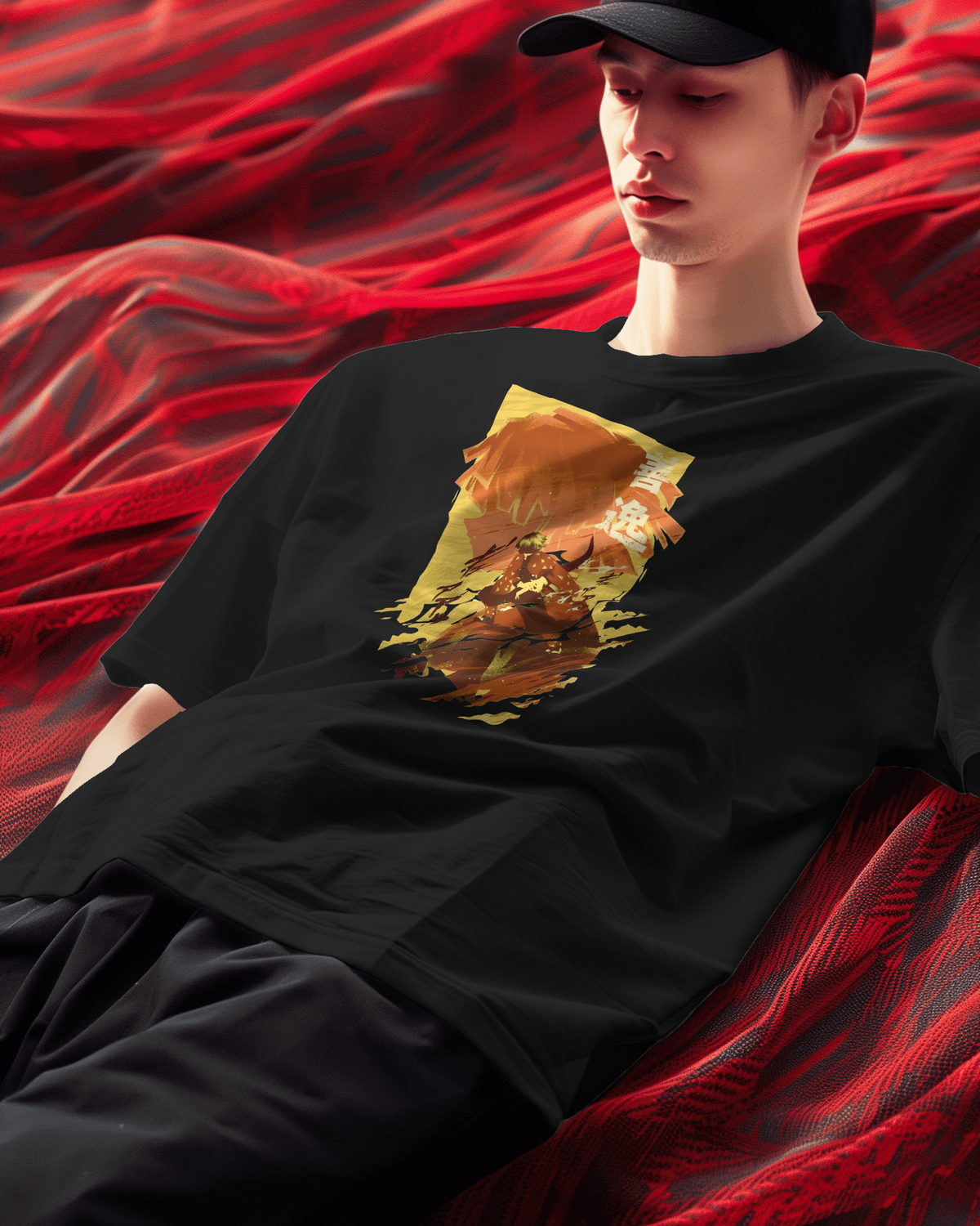 Zenitsu Agatsuma Demon Slayer Premium Oversized T-Shirt – mockup lifestyle zenitsu FRONT