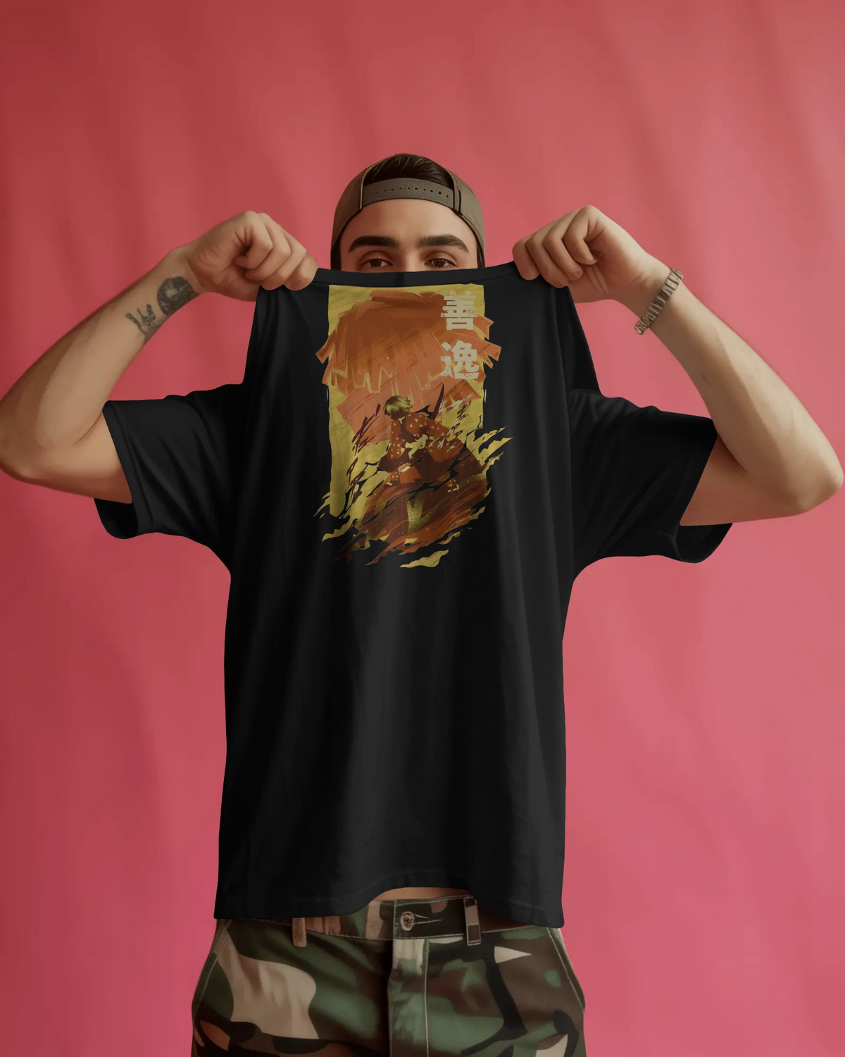 Zenitsu Agatsuma Demon Slayer Premium Oversized T-Shirt – mockup lifestyle zenitsu FRONT 3