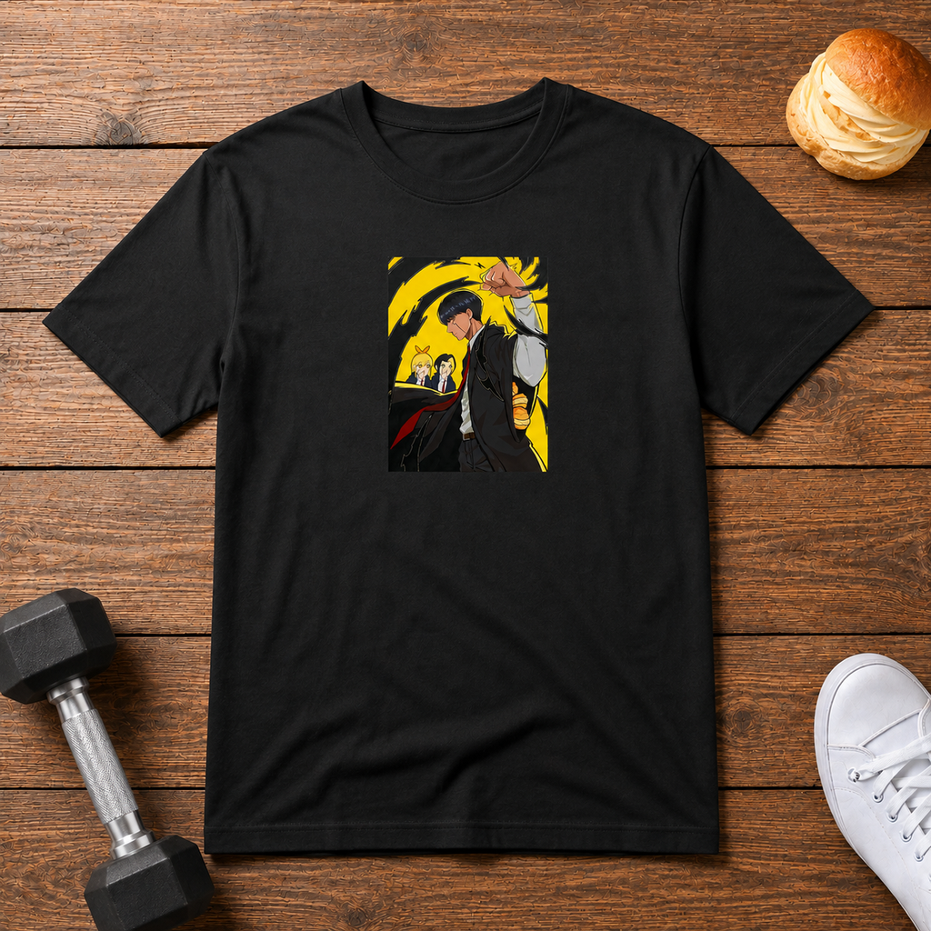 Mash Burnedead Mashle: Magic and Muscles black T-shirt front flatlay