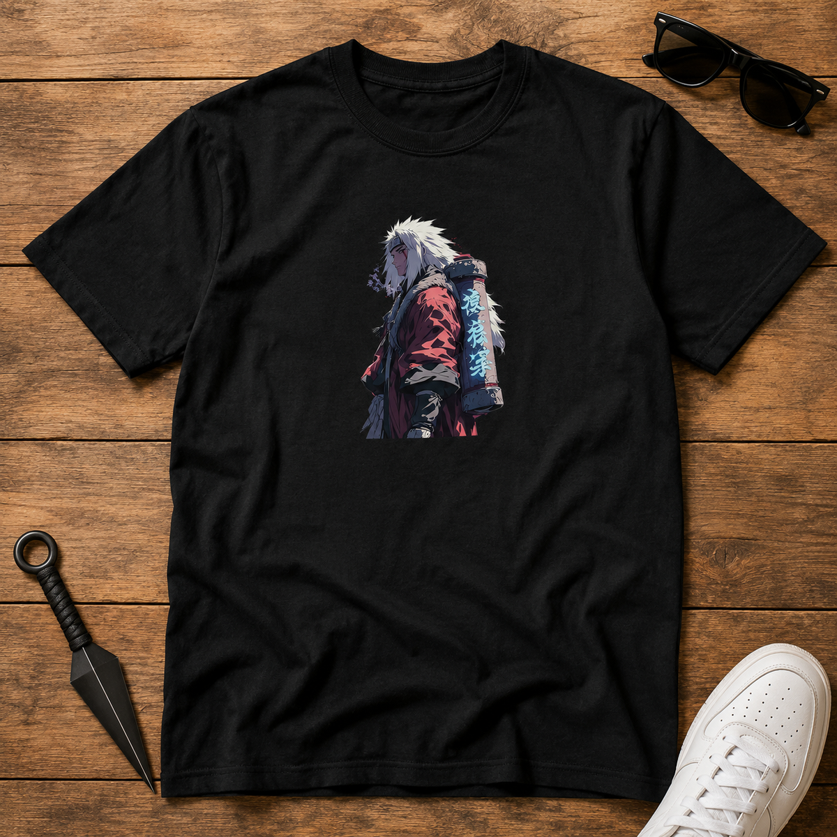 Jiraiya Naruto black T-shirt front flatlay