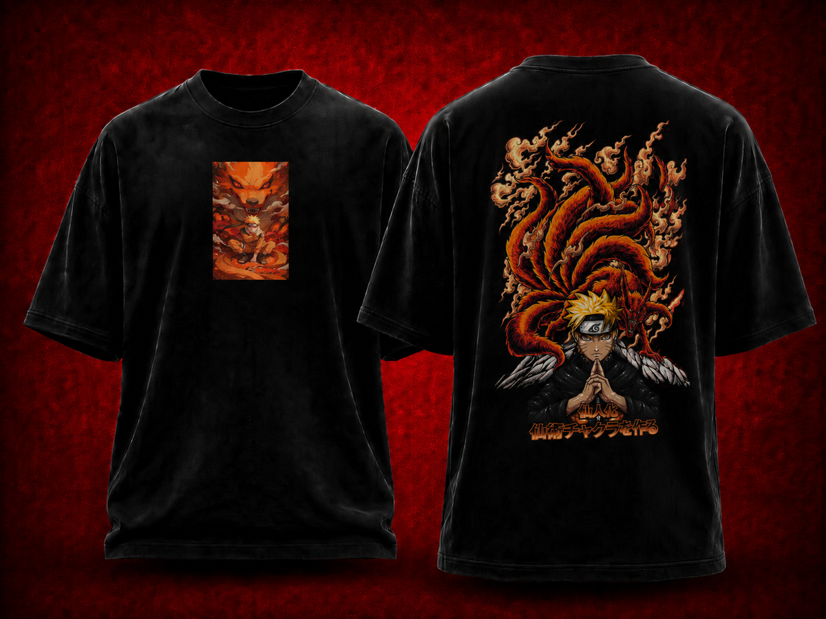 Kurama Naruto black T-shirt front and back model