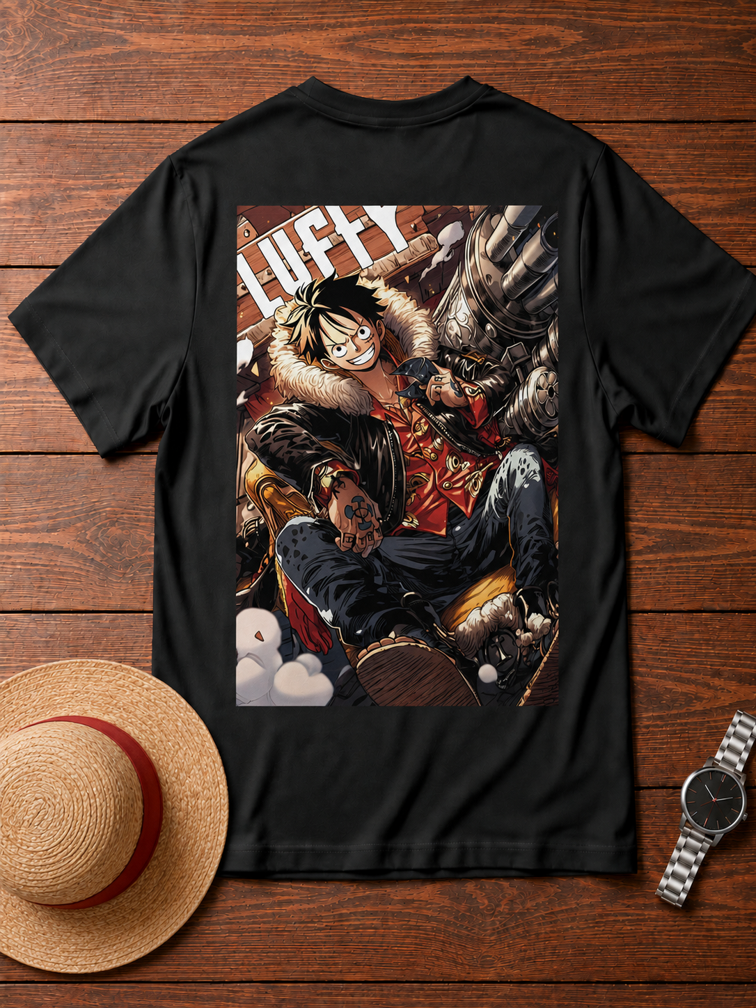 Monkey D. Luffy One Piece black T-shirt back flatlay