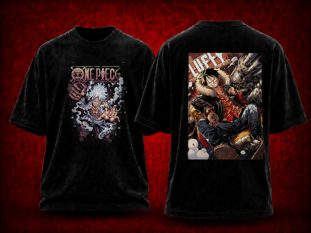 Monkey D. Luffy One Piece black T-shirt front and back model