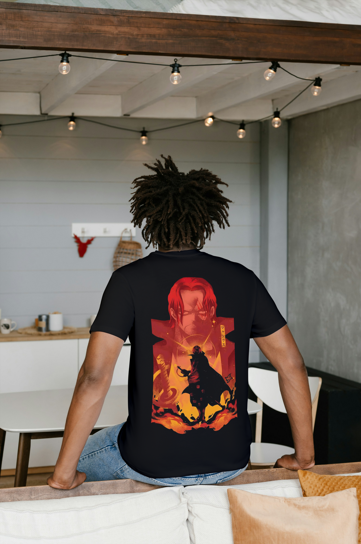 Shanks One Piece black T-shirt back model