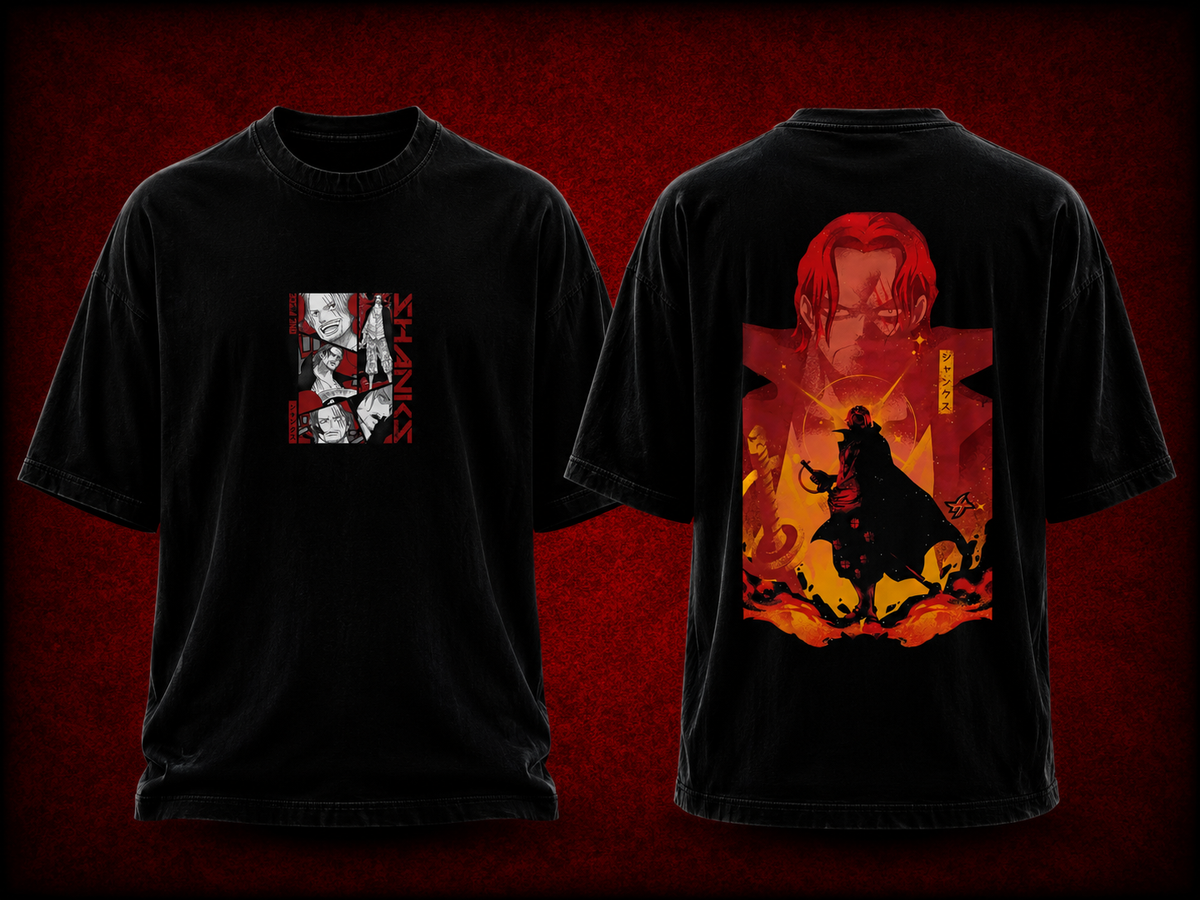 Shanks One Piece black T-shirt front and back model