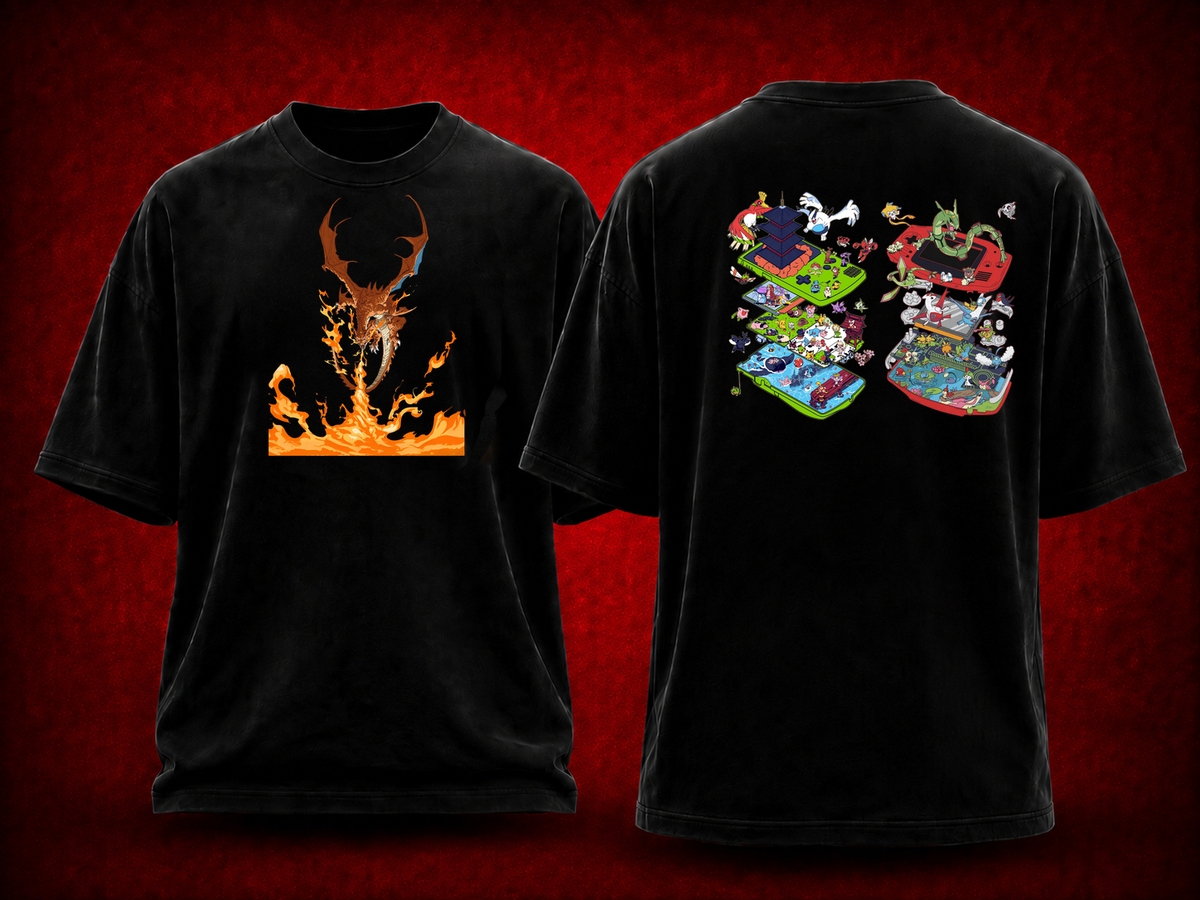 Charizard Pokémon black T-shirt front and back model