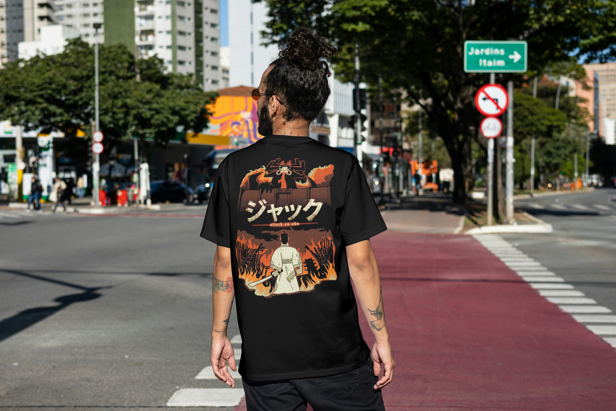 Samurai Jack x Attack on Titan Attack on Titan x Samurai Jack black T-shirt back model