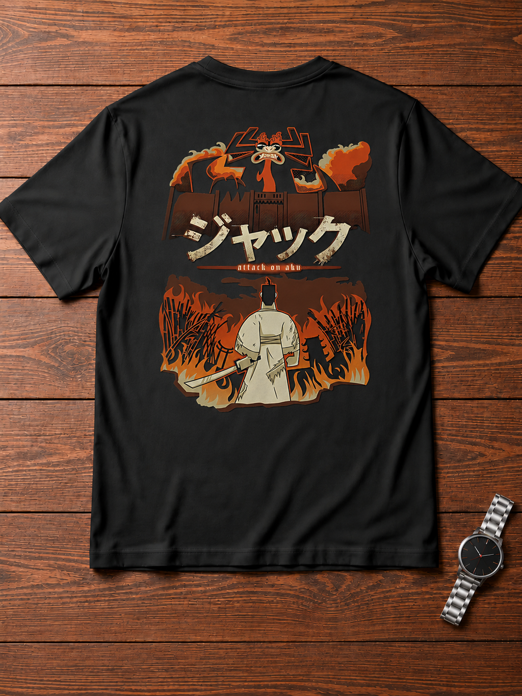 Samurai Jack x Attack on Titan Attack on Titan x Samurai Jack black T-shirt back flatlay