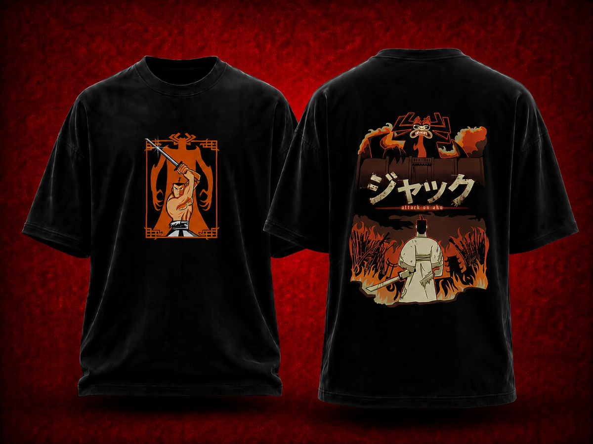 Samurai Jack x Attack on Titan Attack on Titan x Samurai Jack black T-shirt front and back model